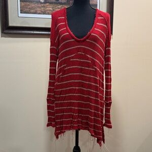 Free People Red and White Striped Long Sleeve Top